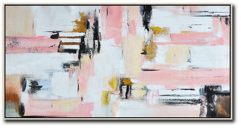 Canvas Artwork For Living Room,Horizontal Palette Knife Contemporary Art,Hand Painted Original Art,White,Pink,Light Yellow.Etc